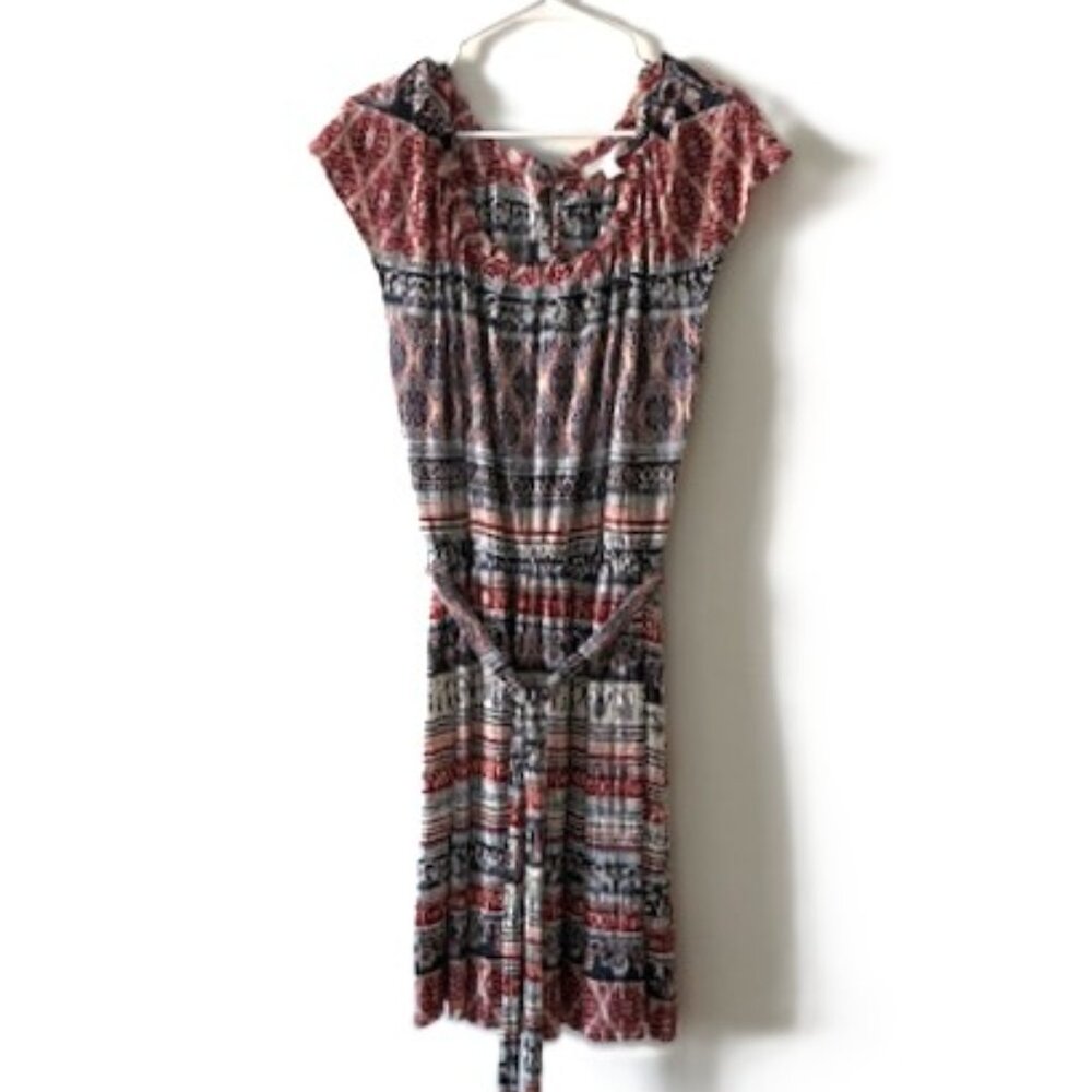 LC Lauren Conrad Navy Blue and Rust Crinkle Dress with Cap Sleeves and Tie Belt